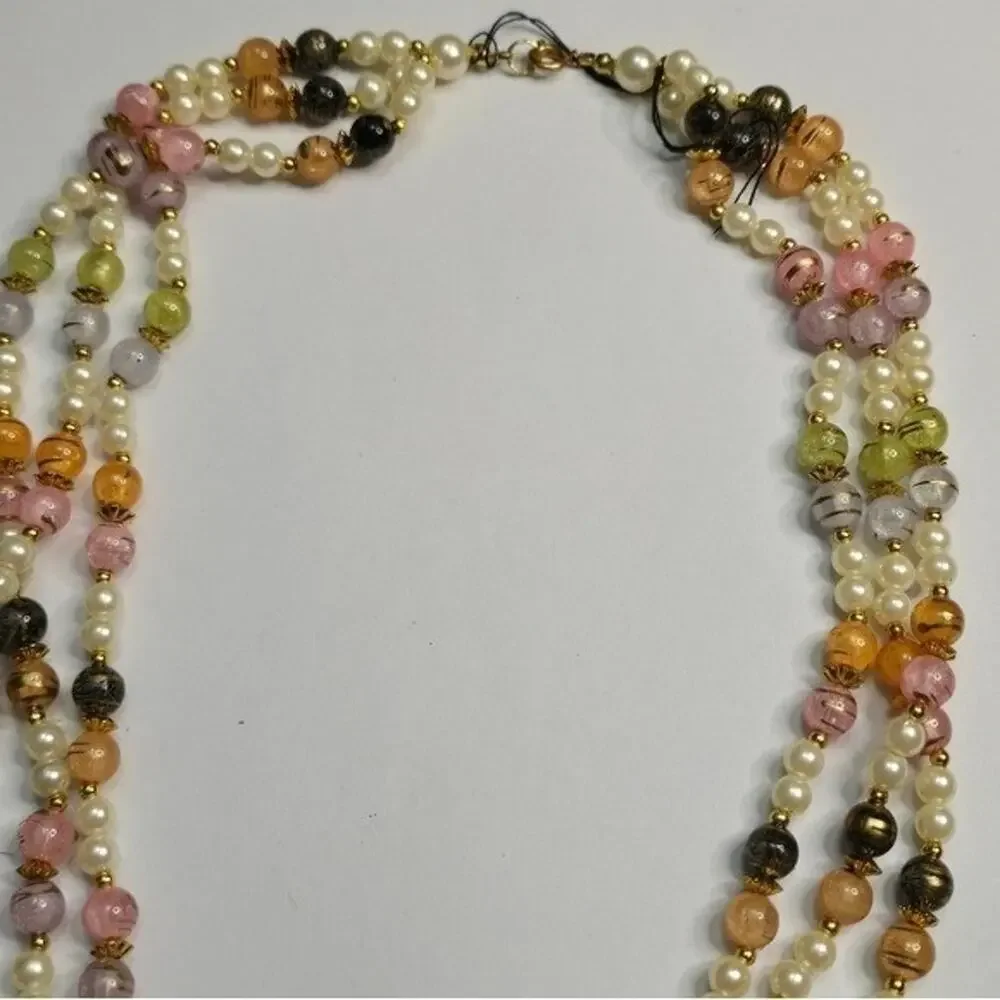 Treska Vintage Style Triple Strand Multicolor Faux Pearl Pastel Bead Necklace